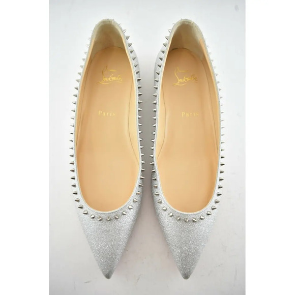 Christian Louboutin Anjalina Flat Silver Glitter Spike Pointed Ballerina 38.5 - Picture 7 of 12